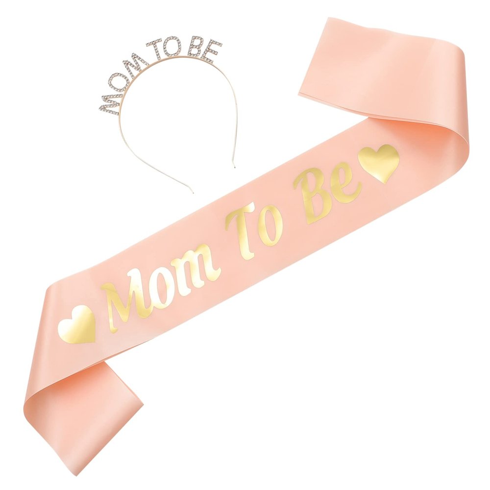 ifundom Mom Sash and Headband Set Gold Headband and Sash for Shower Pregnancy Photo Props and Easy to Wear for Maternity Celebrations