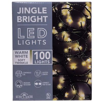 Kurt Adler 16.5-Foot UL 100-Light 3MM Warm White Soft Twinkle LED Green Wire Jingle Bright Light Set