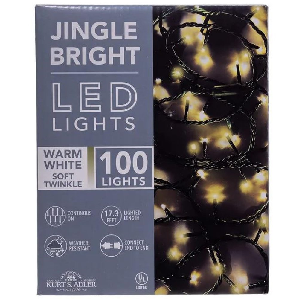 Kurt Adler 16.5-Foot UL 100-Light 3MM Warm White Soft Twinkle LED Green Wire Jingle Bright Light Set