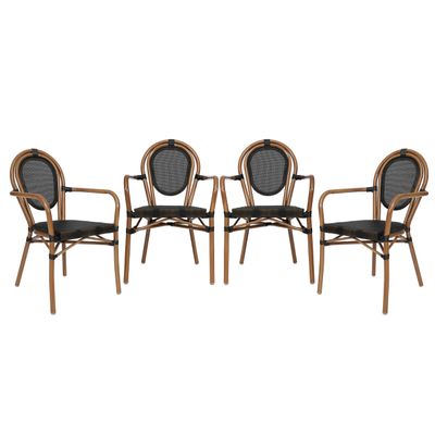 Flash Furniture Marseille Indoor/Outdoor Commercial Bistro Stack Chair - Curved Arms - Black Textilene Back and Seat - NAT Bamboo Print Metal Frame - Set of 4