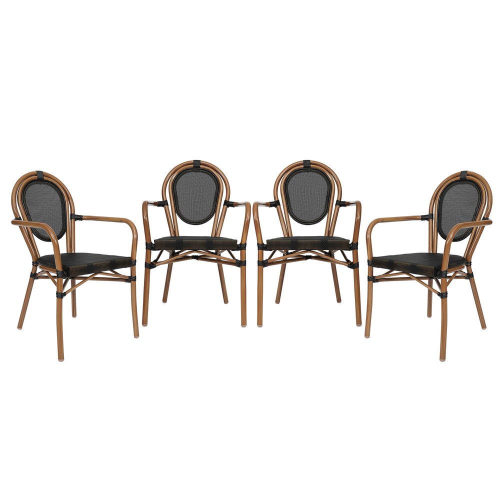 Flash Furniture Marseille Indoor/Outdoor Commercial Bistro Stack Chair - Curved Arms - Black Textilene Back and Seat - NAT Bamboo Print Metal Frame - Set of 4
