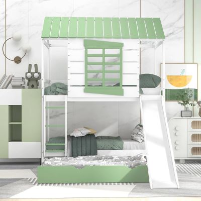 Musihy Bunk Bed Twin Over Twin Wood | Twin Over Twin Size House Bunk Bed with Convertible Slide and Trundle, White Green, Wood Bed