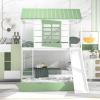 Musihy Bunk Bed Twin Over Twin Wood | Twin Over Twin Size House Bunk Bed with Convertible Slide and Trundle, White Green, Wood Bed view 1