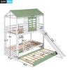 Musihy Bunk Bed Twin Over Twin Wood | Twin Over Twin Size House Bunk Bed with Convertible Slide and Trundle, White Green, Wood Bed view 2