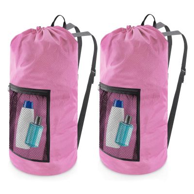 Laundry Bag Backpack,Olosar 2PCS Extra Large Travel Laundry Bag with Mesh Pocket & Adjustable Shoulder Straps,Dirty Clothes Travel Bag for College Students Dorm,Apartment(Pink)