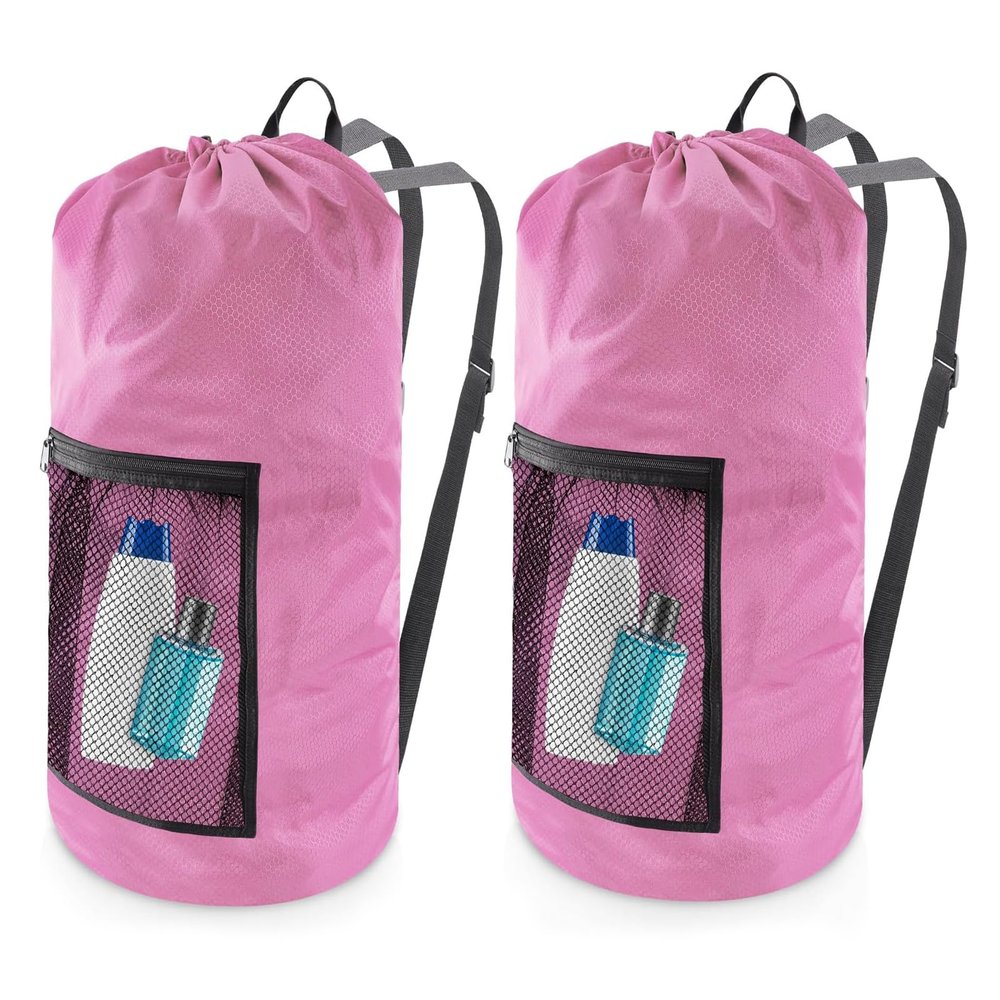 Laundry Bag Backpack,Olosar 2PCS Extra Large Travel Laundry Bag with Mesh Pocket & Adjustable Shoulder Straps,Dirty Clothes Travel Bag for College Students Dorm,Apartment(Pink)