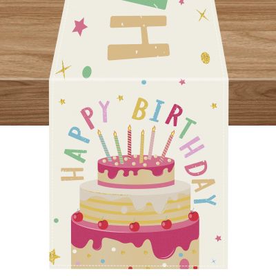 Happy Birthday Cake Table Runner, 14 x 72 Inch Dining Table Runner for Celebrate Birthday Party Table Decorations, Outdoor Indoor Party Supplies