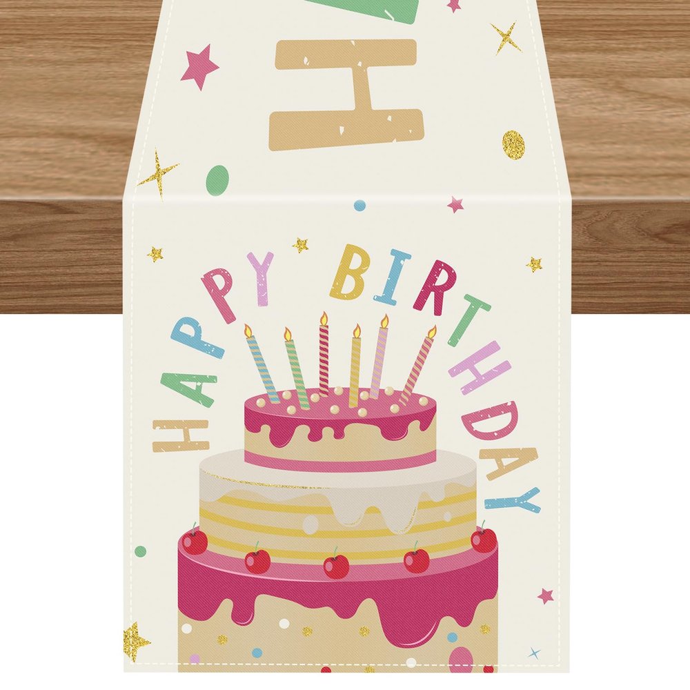 Happy Birthday Cake Table Runner, 14 x 72 Inch Dining Table Runner for Celebrate Birthday Party Table Decorations, Outdoor Indoor Party Supplies