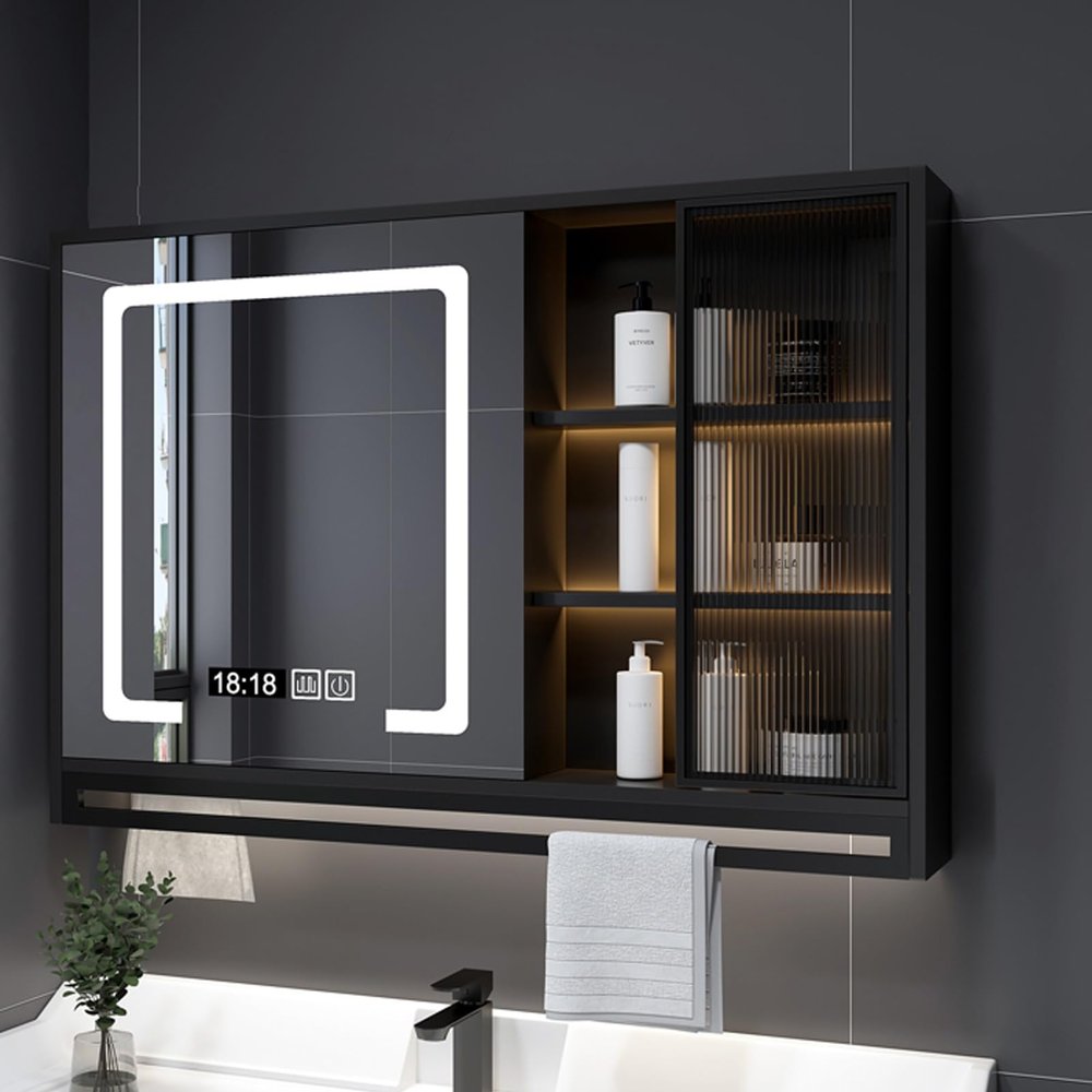Led mirror medicine cabinet real-time display,Solid wood multi-layer board,bathroom medicine cabinet with Intelligent defogging mirror,bathroom vanity mirror with Towel rack,Three-tone lighting, ( Col