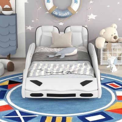 Musihy Twin Bed Frames White | Twin Size Race Car-Shaped Platform Bed with Wheels, White, Wood Bed