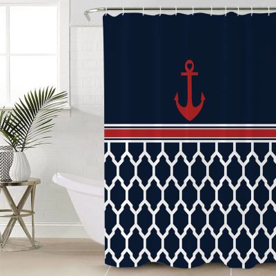 ZOE STORE Shower Curtains for Bathroom Accessories, Nautical Red Anchor Polyester Fabric Bathtub Curtain with 12 Hooks, Ocean Coastal Blue White Geometric Waterproof Shower Curtains 36 x 78 Inches