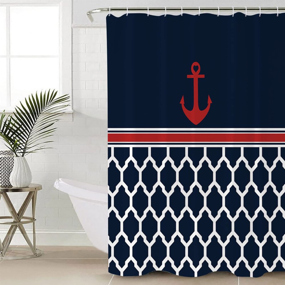 ZOE STORE Shower Curtains for Bathroom Accessories, Nautical Red Anchor Polyester Fabric Bathtub Curtain with 12 Hooks, Ocean Coastal Blue White Geometric Waterproof Shower Curtains 36 x 78 Inches