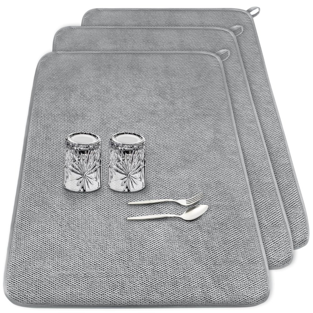 3 Pcs XXL Dish Drying Mats,Absorbent Microfiber Drainer Mat,Large Size Kitchen Counter Pads for Coffee,Rack,Under Sink,Draining Racks,Countertops,Pinstripe(Gray,2417")