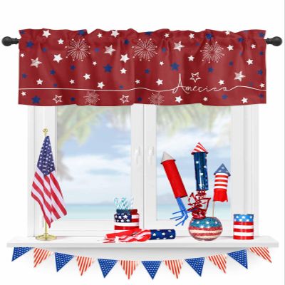 4th of July Kitchen Cafe Valance Curtain for Small Windows,America White Blue Star Rod Pocket Short Blackout Curtains,Celebration on Red Darkening Window Treatment for Living Room Bedroom Bathroom