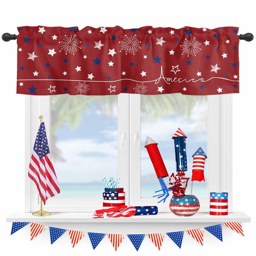 4th of July Kitchen Cafe Valance Curtain for Small Windows,America White Blue Star Rod Pocket Short Blackout Curtains,Celebration on Red Darkening Window Treatment for Living Room Bedroom Bathroom
