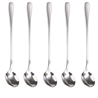SagaSave 5 Pcs Long Handle Spoon Coffee Stirrer Stainless Steel Iced Teaspoon for Milks Tea Mixing Cocktail Stirring Cold Drink (Round Head Spoon)
