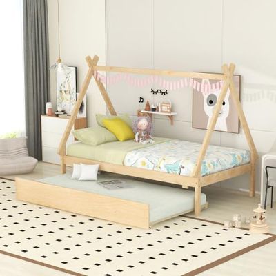 Wood Montessori Bed for Kids, Twin Size Floor Bed Frame with Trundle Bed, Modern Twin Daybed Pull Out Bed, Twin Size Teepee Bed Frame for Toddlers, No Box Spring Needed (Nature)