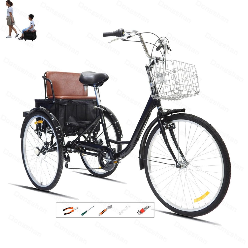 DONGSHAN 24in Adult Tricycles, 7 Speed Adult Trikes, 3 Wheel Bikes with Low Step-Through Tricycle with Rear seat + Multifunctional Basket for Adults, Women, Men, Seniors. (Black)