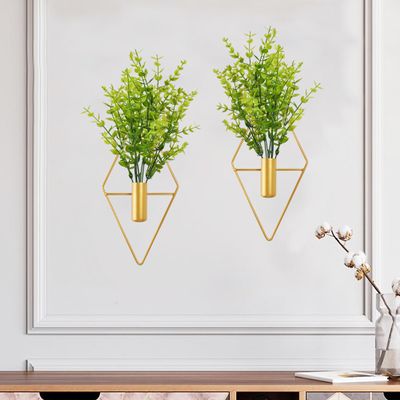 Yorkmills Green Artificial Eucalyptus Plant Wall Decor in Diamond Hanging Vase Set of 2, Gold Metal Wall Planter Decorations Fake Plant Home Wall Decor for Living Room, Dining Room, Bedroom, Bathroom