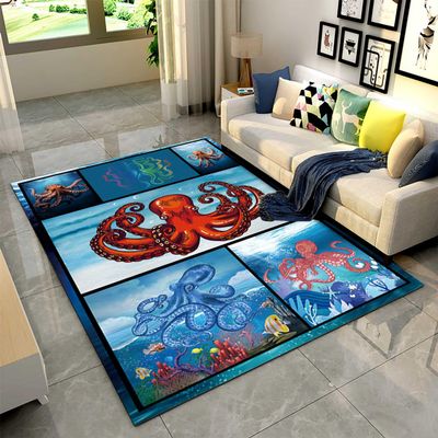 LHOMKCV Octopus Area Rug, 5x6ft, Marine Animal Themed Octopus Patchwork Rug, Coastal Ocean Background Decorative Carpet, Non-Slip Washable Indoor Floor Mat for Living Room Bedroom Entryway