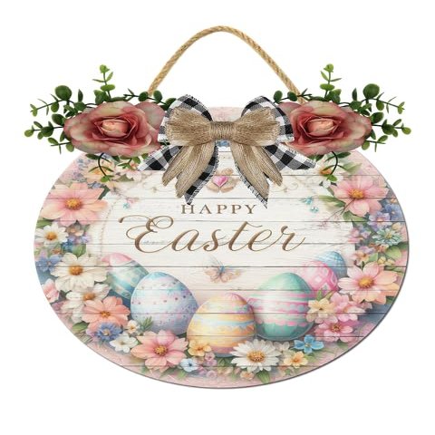Boylee Spring Wreaths Sign for Front Door Farmhouse Spring Door Hanger Decor Rustic Wooden Happy Easter Hanging Door Wall Sign for Spring Seasons Holiday 12In, Springsign66
