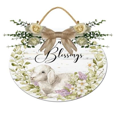 Boylee Spring Wreaths Sign for Front Door Farmhouse Spring Door Hanger Decor Rustic Wooden Easter Blessings Hanging Door Wall Sign for Spring Seasons Holiday 12In, Springsign10