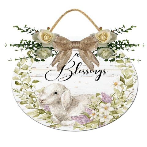 Boylee Spring Wreaths Sign for Front Door Farmhouse Spring Door Hanger Decor Rustic Wooden Easter Blessings Hanging Door Wall Sign for Spring Seasons Holiday 12In, Springsign10