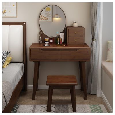 32x16x30 Inch Dressing Table, Wooden Makeup Table with Oval Mirror and Lights, Bedroom Vanity Desk with 4 Drawers and Stool (Color : Walnut 1)