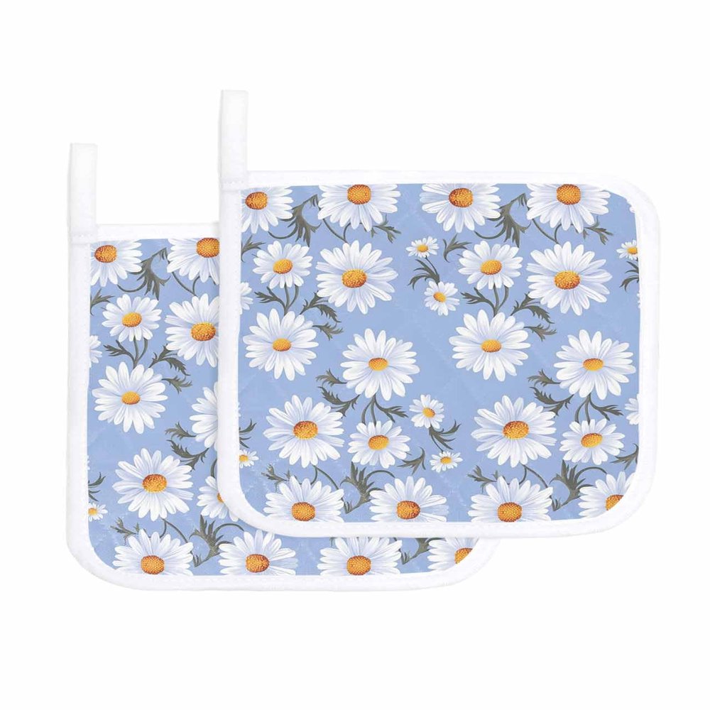 2 Packs Blue Daisy Floral Pot Holders Sets for Kitchen Oven Pan Plate Bowl Pads Heat Proof Mat with Hanging Loop Thick Terry Cloth Potholders For Cooking Baking White Blossom Watercolor Spring Summer