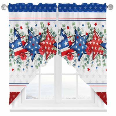 4th of July Patriotic Swag Curtains Valances for Windows, Independence Day Red Blue Stars Window Rod Pocket Curtain Topper Set, Memorial Day Curtains Panels for Kitchen Over Sink 28x36 Inch