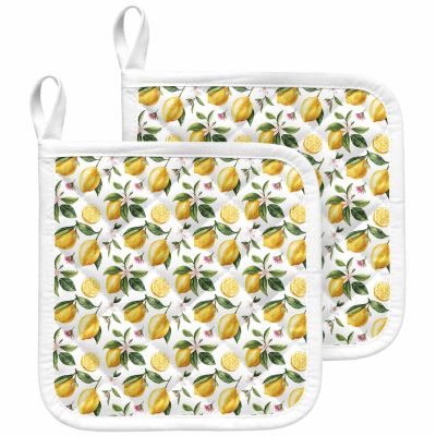 2 Packs Lemon Pot Holders Sets for Kitchen Oven Pan Plate Bowl Pads Heat Proof Mat with Hanging Loop Thick Terry Cloth Potholders For Cooking Baking Spring Summer Tropical Floral Yellow Green Fruit