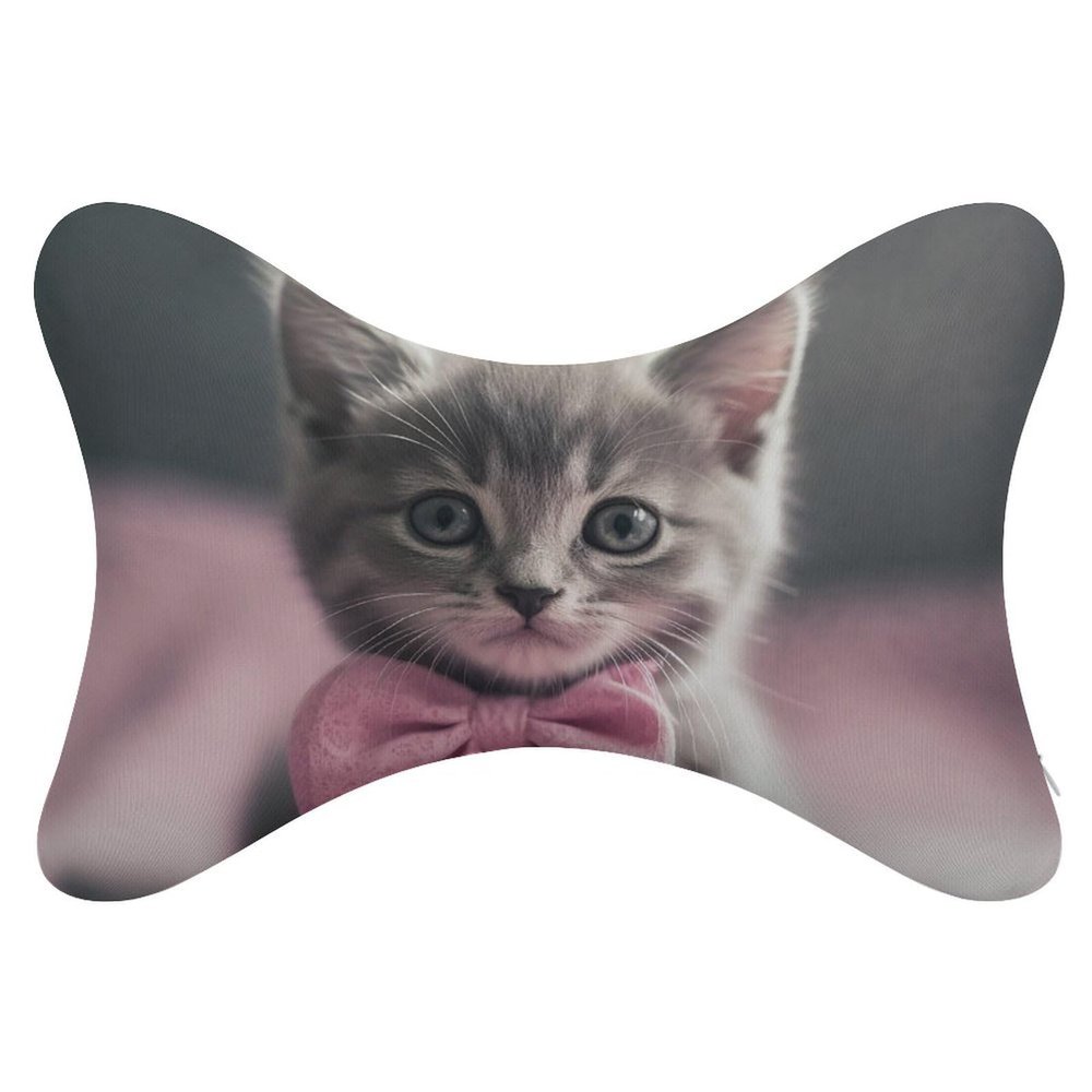 NONHAI 2 Pack Car Neck Pillow Gray Cat with Bow Car Headrest Pillow Memory Foam Car Pillow Breathable Removable Cover Universal Headrest Pillow for Travel Car Seat Driving & Home