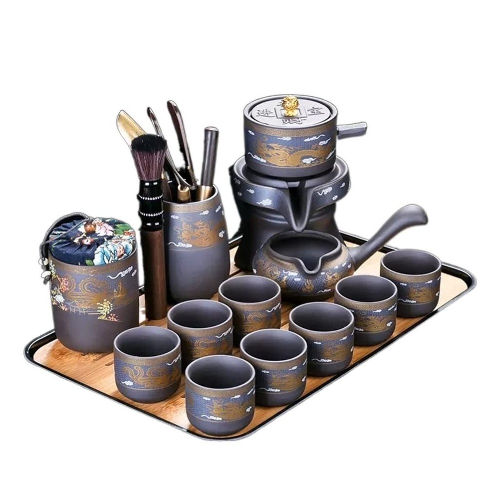 ERoomQ Exquisite Cup Home Tea Brewer Rotating Stone Mill Automatic Tea Set Complete with Teapot and Teacup/Black/As Show (Black As Show)