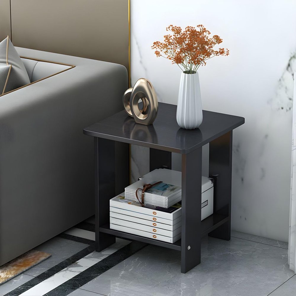 KWOKING Wooden Side Table One Shelf End Table with Four Legs Small Coffee Table Mini Small Apartment Living Room Sofa Side Table Corner Table Bedside Table Black Round Corner 20" L x 20" W x 20.5" H