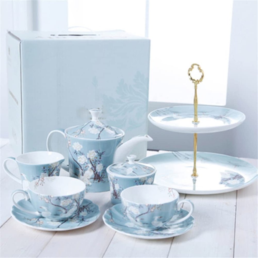 ERoomQ Exquisite Cup 8 Piece Coffee Maker and Coffee Cup & Saucer Set English Afternoon Tea Set Crane Pattern Tea Set/Blue/As Shows (Blue As Shows)