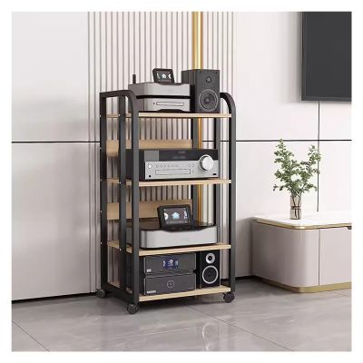 Floor Stereo Racks And Stands On Wheels- 79/100cm Tall, Home Stereo Rack Component System Audio Video Equipment Holder With Wooden Height-Adjustable Shelf, Metal Frame ( Color : Black-#1 , Size : 4 la