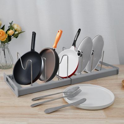 Abizarch Pan Organizer Rack with 7 Adjustable Dividers Removable Pot Lid Holder with Expandable Base Stable Pots and Pans Organizer with U-Shaped Slot Pot Pan Lid Rack Baking Sheet Rack