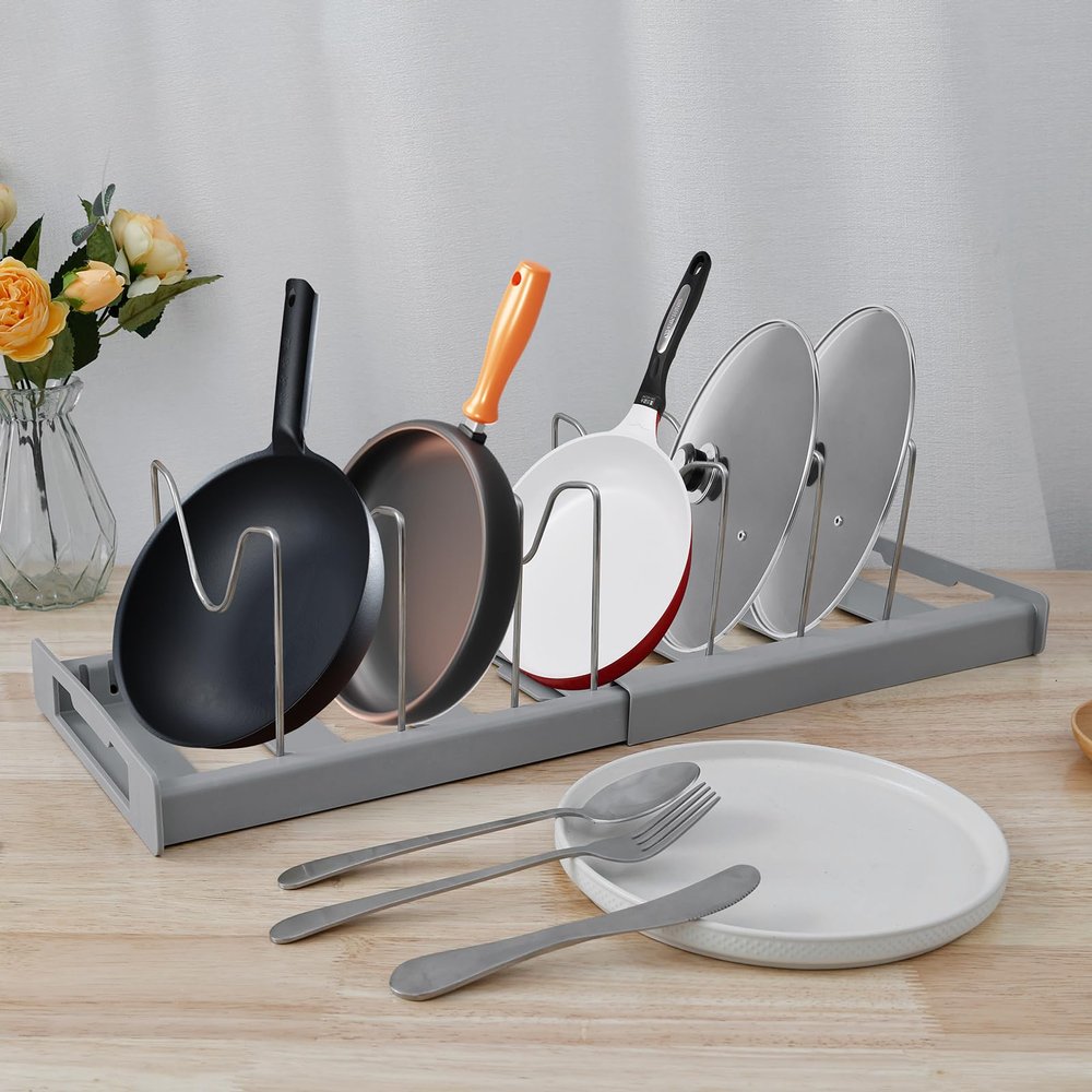 Abizarch Pan Organizer Rack with 7 Adjustable Dividers Removable Pot Lid Holder with Expandable Base Stable Pots and Pans Organizer with U-Shaped Slot Pot Pan Lid Rack Baking Sheet Rack