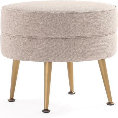 Manhattan Comfort Bailey Mid-Century Modern Round Ottoman - Durable Woven Polyester Blend Upholstery, Stylish Gold Stainless Steel Legs - Easy Assembly, Perfect for Living Room, Oatmeal with Gold Feet
