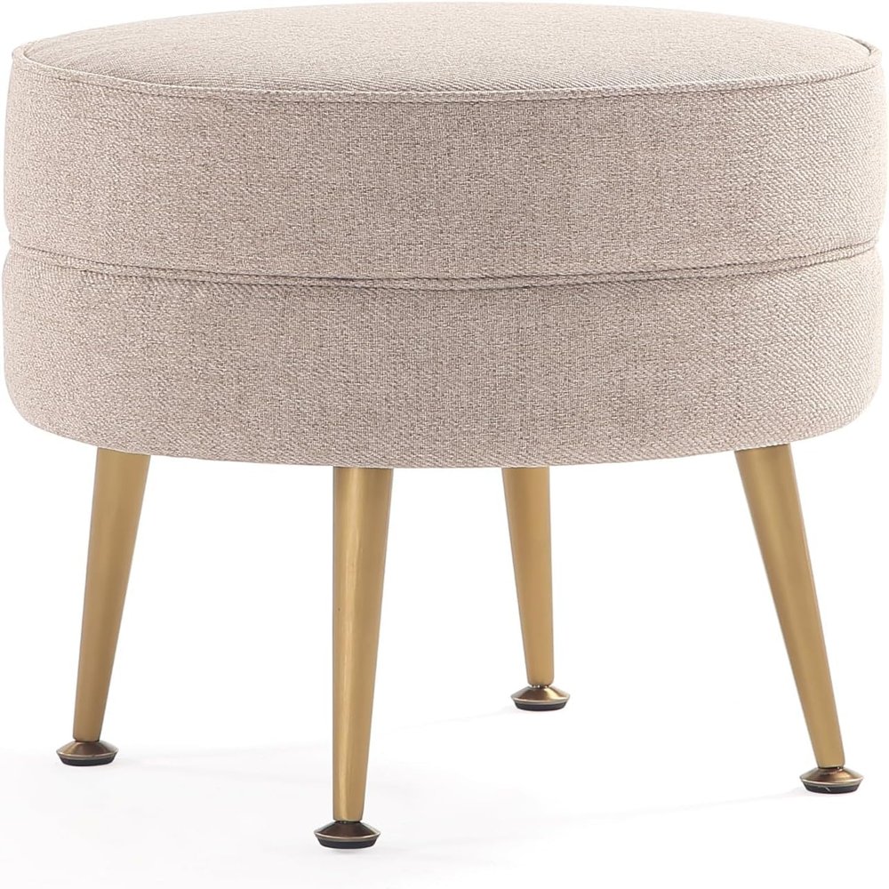 Manhattan Comfort Bailey Mid-Century Modern Round Ottoman - Durable Woven Polyester Blend Upholstery, Stylish Gold Stainless Steel Legs - Easy Assembly, Perfect for Living Room, Oatmeal with Gold Feet