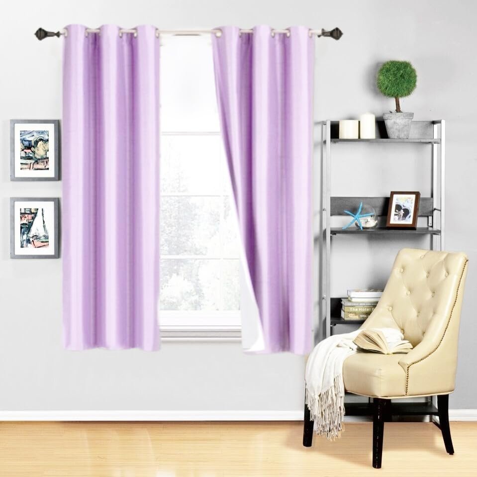 Gorgeous Home LINEN 1 Piece 100% Blackout Window Curtain Panel Bronze Grommet 3 Layered Foam Lined Backing Insulated Room Darkening 220 GSM Treatment 63" Length K92 (Lilac Purple)