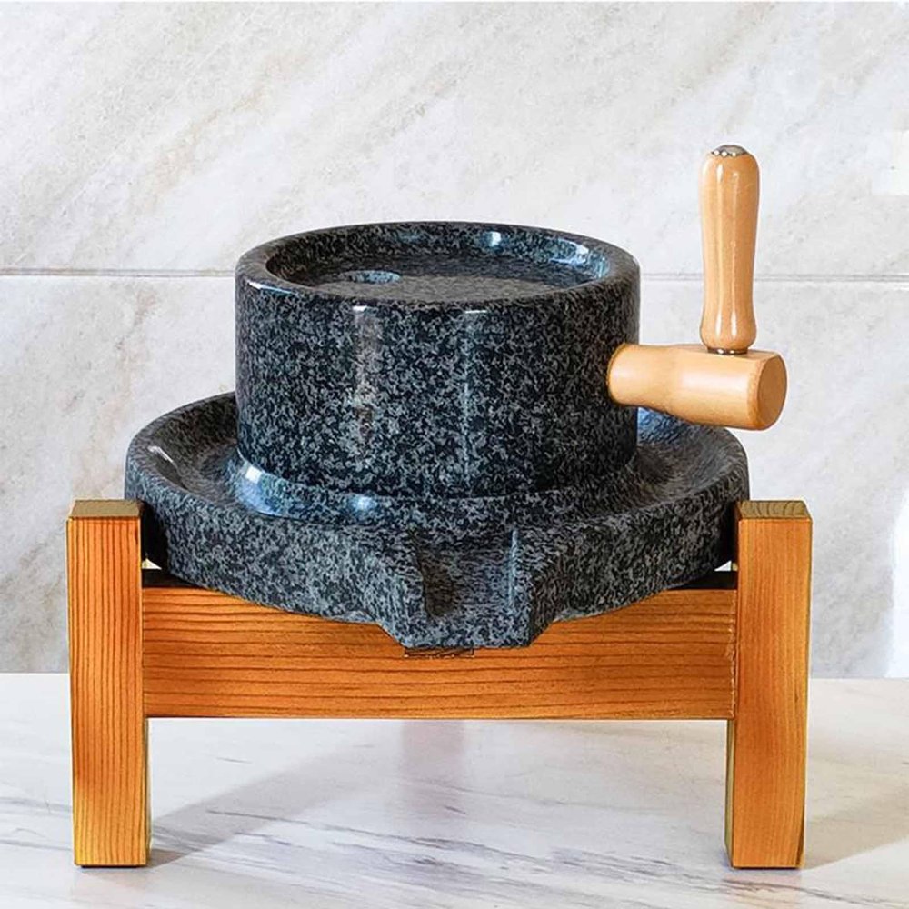 ARTSZY Small Stone Mill with Wooden Frame, Retro Hand Crank Grains Mill Coffee Mill for Capsicum Peanuts Spice Sesame Seeds, Household Natural Granite Mill Grinder(Medium)
