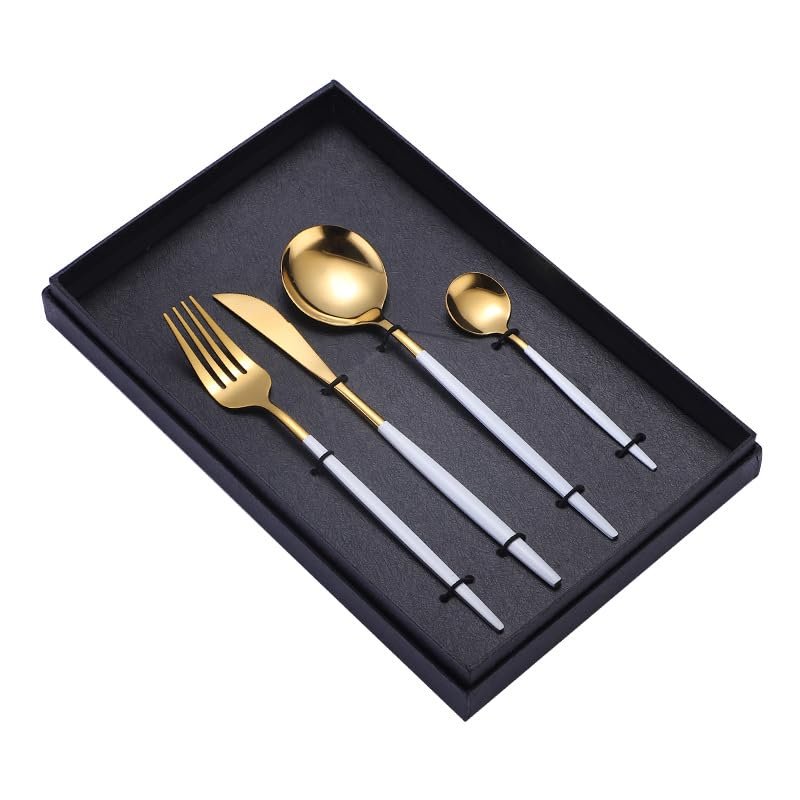 IFAJOOR Flatware Silverware Set, 4/16/24/32/40/48 Pieces Green Gold Portuguese Stainless Steel Cutlery Set Home Creative Steak Knife, Fork And Spoon Gift Set, Tableware Cutlery Set (Color : White Go