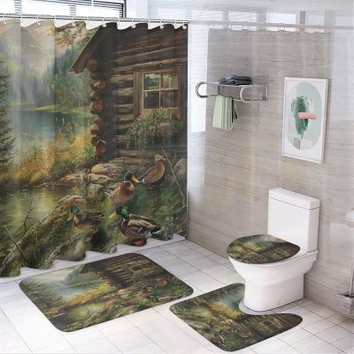 FBMLBRB Brebasf Vintage Cabin Mallard Duck 4 Pieces Shower Curtain Set, Abstract Spring Forest Animals Cute Animal Ducks Non-Slip Rugs Toilet Lid Cover Bath Mat and Bathroom Curtain