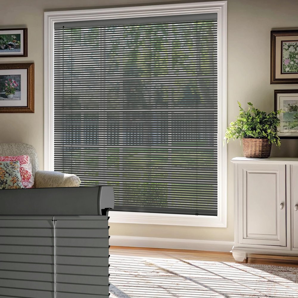 HOTSOON 100% Privacy Aluminum Mini Blinds for Windows Cordless Room Darkening Venetian Blinds Anti-UV Waterproof 1" L-Shaped Slats Horizontal Shades for Home, Grey, 76" W x 64" H