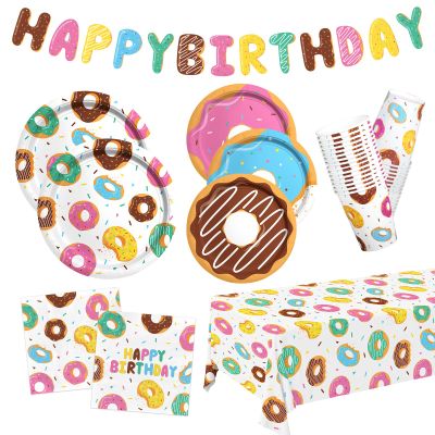 Donut Party Supplies Kit for 24 - Sweet 1st Birthday, Two Sweet and Donut Grow Up Birthday Themes | Includes Plates, Napkins, Cups, Tablecloth & Banner for Donut Party Decorations & Favors