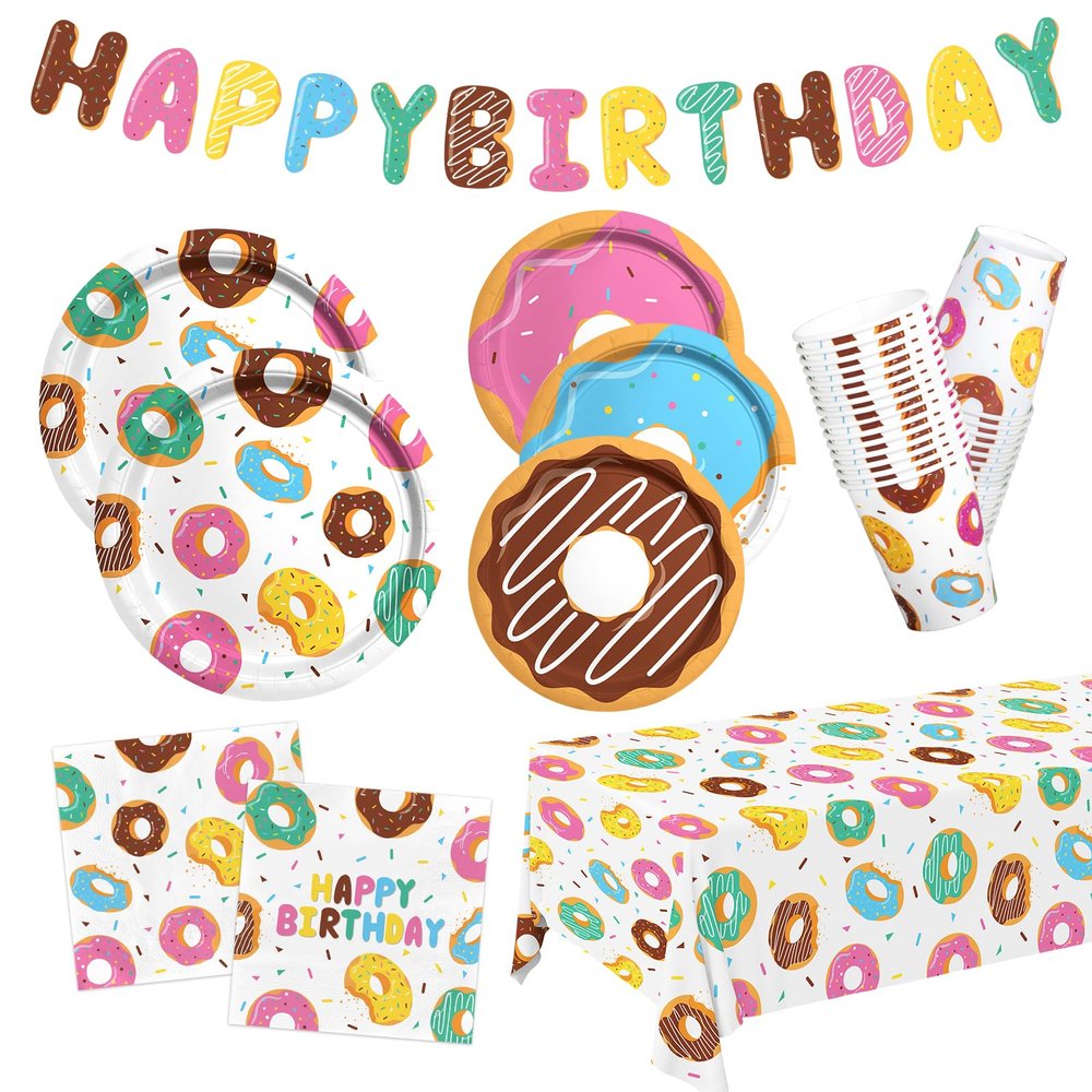 Donut Party Supplies Kit for 24 - Sweet 1st Birthday, Two Sweet and Donut Grow Up Birthday Themes | Includes Plates, Napkins, Cups, Tablecloth & Banner for Donut Party Decorations & Favors