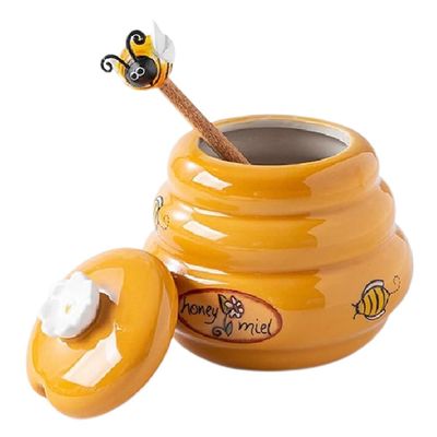 Alipis Ceramic Honey Jar with Lid and Wooden Dipper 4.7Oz Small Honey Storage Pot for Kitchen Tabletop Container and Syrup Dispenser