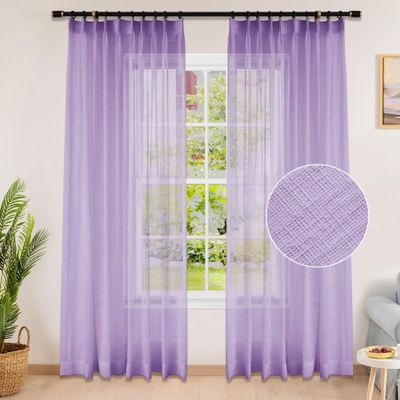 Fcosie Pinch Pleat Linen Textured Sheer Drape 108 Inches Long for Living Room, Lavendula Semi Sheer Light Filtering Curtain for Bedroom, Narrow Flax Sheer Drapery for Small Window, 1PC, 26" Wx108 L