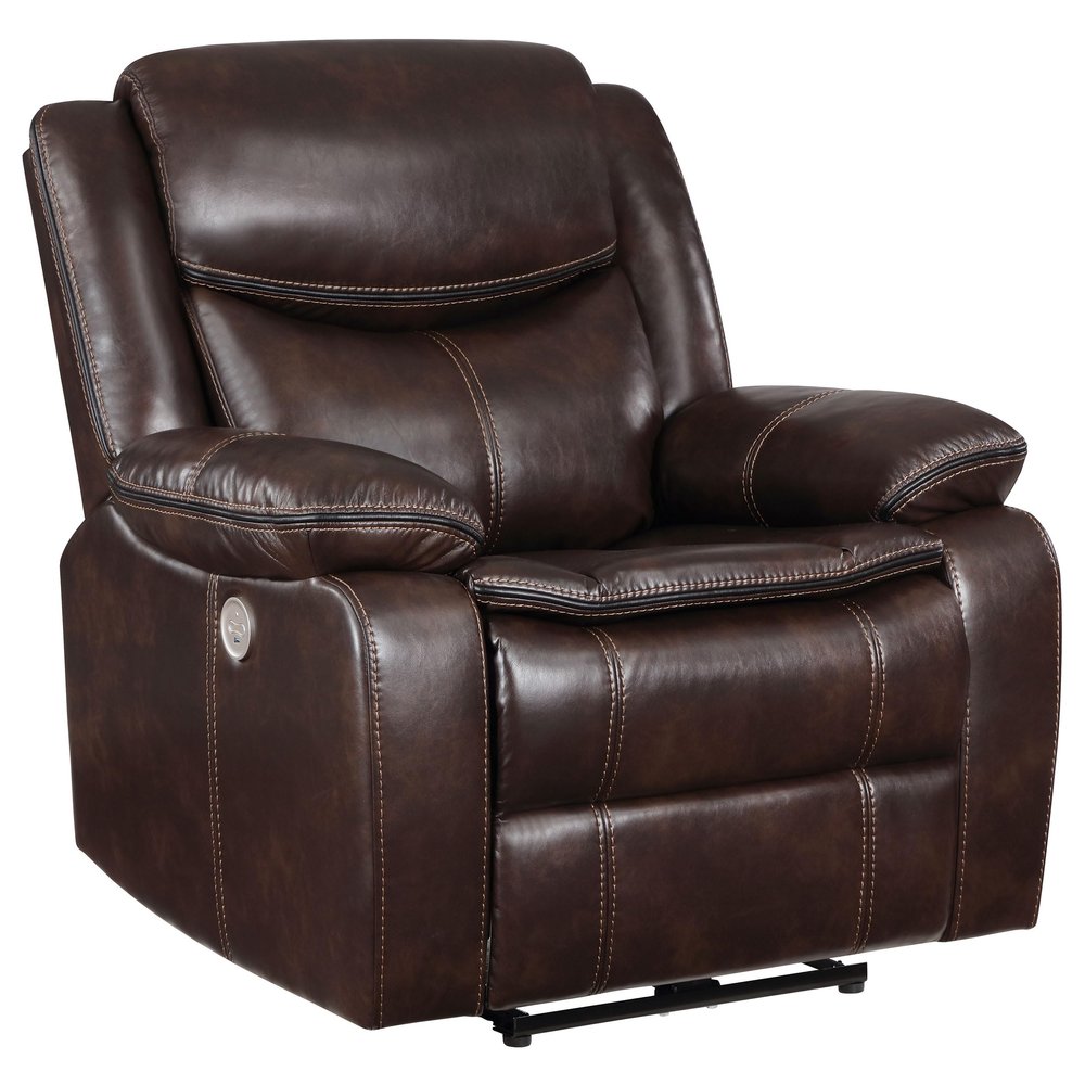 Coaster Home Furnishings - Sycamore - Faux Leather Upholstered Power Recliner Chair with Built-in USB Port, Contour Tufting and Control Panel - Living Room - Dark Brown - 610193P